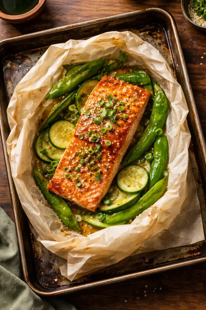 Parchment packet with salmon and vegetables, ready to bake