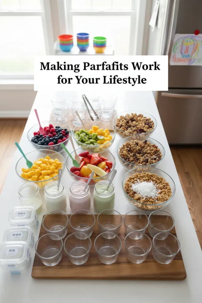 A breakfast parfait bar with various fruit and topping options