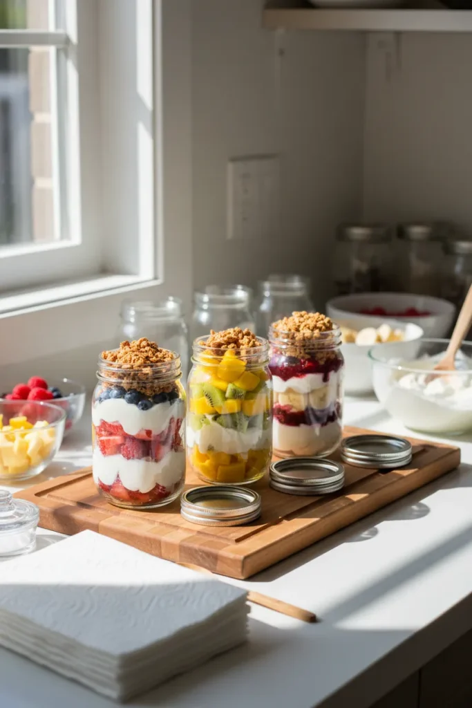 Multiple mason jar parfaits showing perfect layering technique