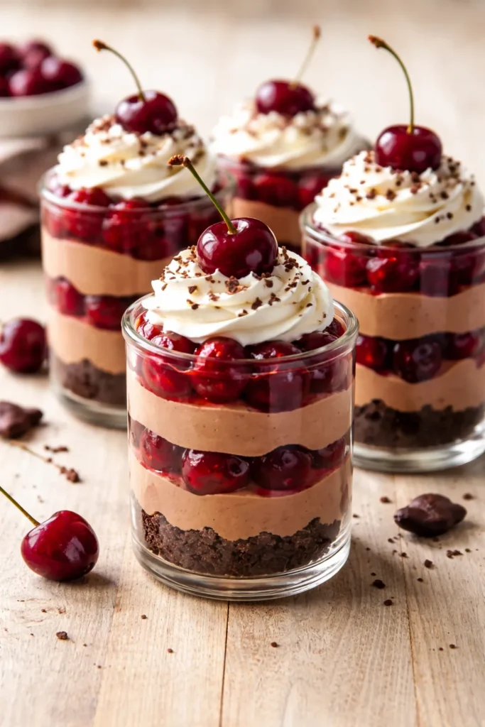 Individual Chocolate-Cherry Parfaits in clear glasses showing layered textures