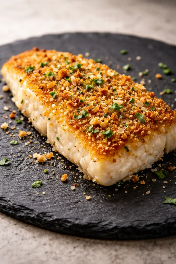 Crumb crusted fish fillet with parmesan and garlic on slate plate