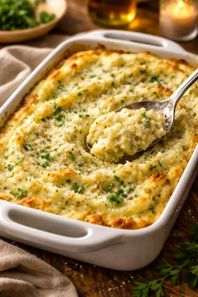Herb-parmesan mashed potatoes with golden crust
