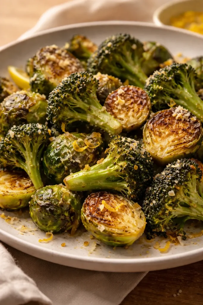 Parmesan crust on roasted Brussels sprouts and broccoli with lemon zest