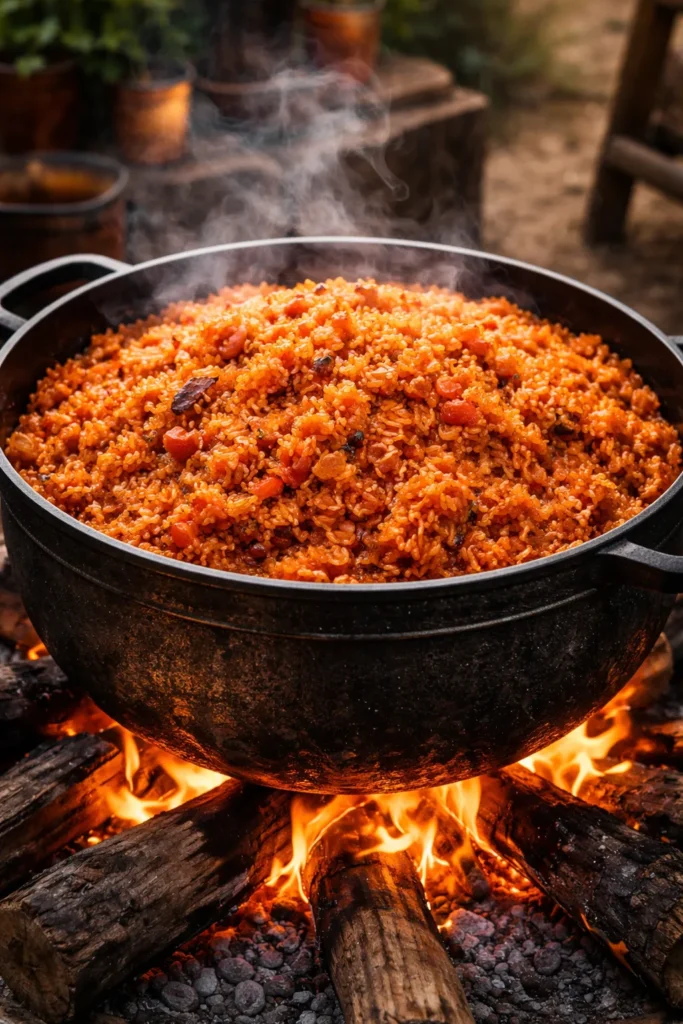 Close-up of a large pot of classic party jollof rice with orange-red grains and smoky bottom layer outdoors