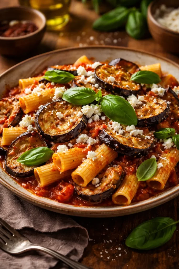 Close-up of Pasta Alla Norma showing fried eggplant, tomato sauce and ricotta salata