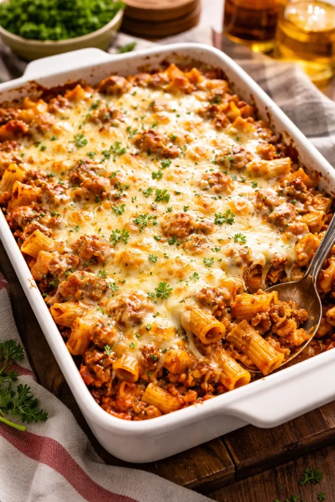 Bubbling cheesy pasta bake with ground beef in a pan