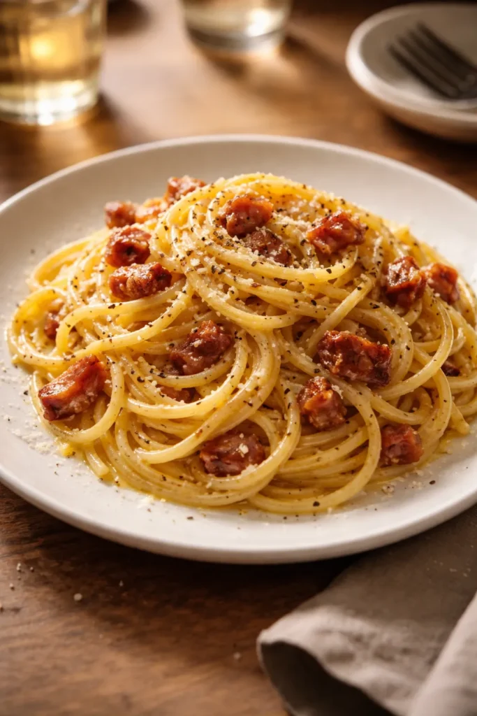 Plate of pasta carbonara with glossy coating and guanciale