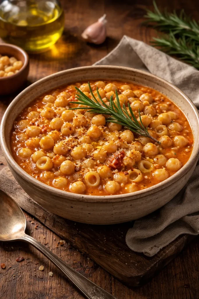Pasta e Ceci with chickpeas and small pasta in thick stew