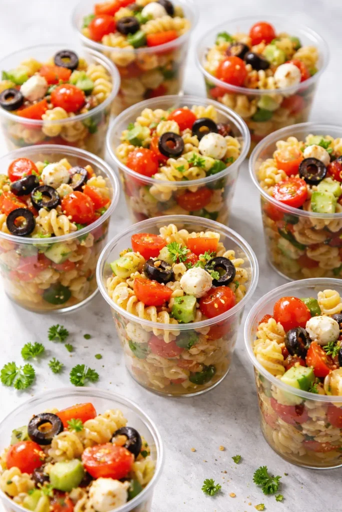 Small clear cups of colorful pasta salad arranged on a light surface