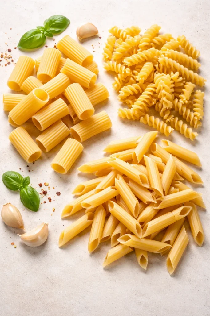 Lineup of short pasta shapes suitable for baked feta