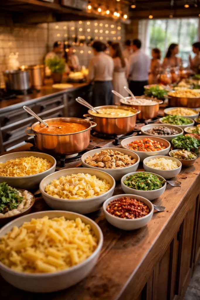 Pasta station with sauces, pasta shapes, and toppings for a wedding