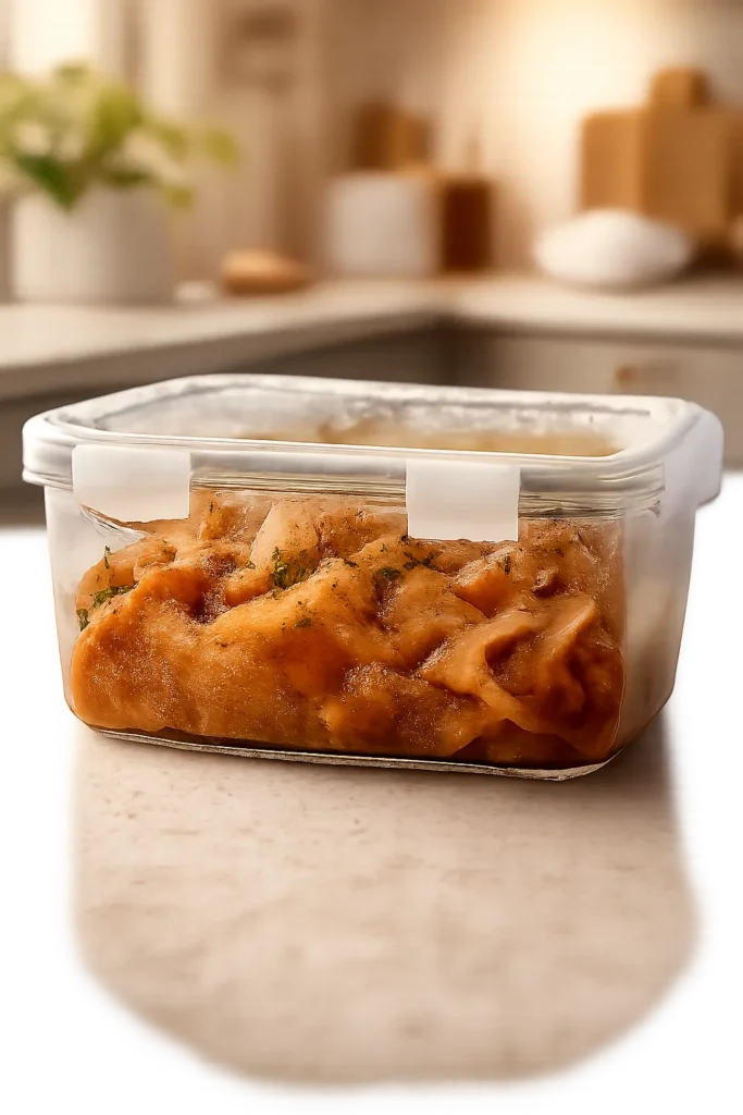 Clear airtight container with saucy pasta and condensation on the lid