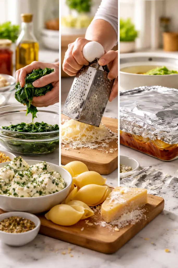 Hands performing stuffed-shell technique tips in kitchen