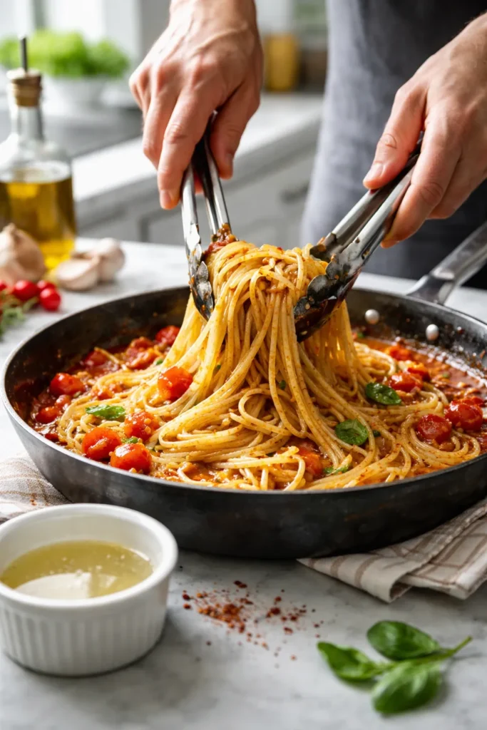 Hands finishing pasta in skillet with glossy sauce and pasta water nearby.
