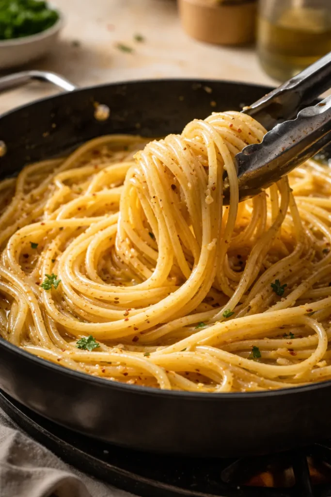 Glossy emulsified pasta with subtle salt crystals