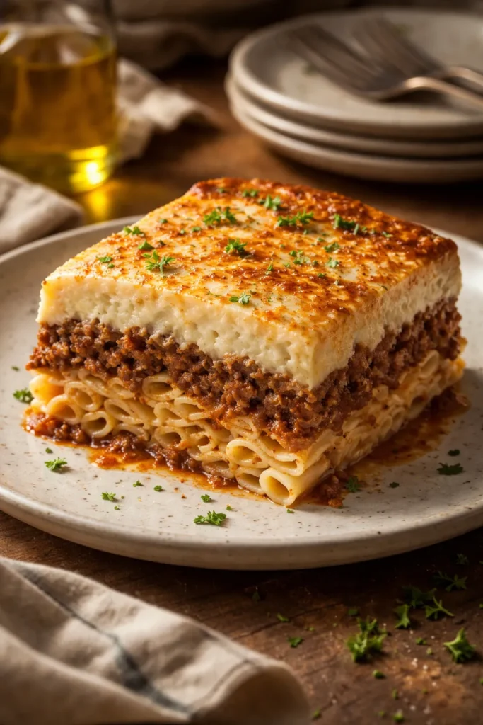 Pastitsio slice with pasta, meat sauce, and béchamel layers