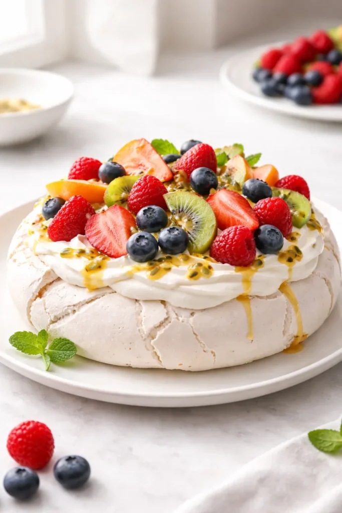 Pavlova with fruit on a plate with whipped cream and berries