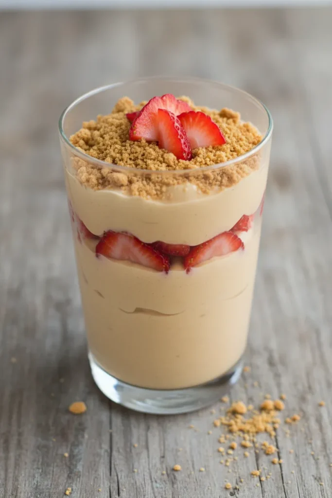 Peanut butter yogurt parfait layered with fresh strawberries and graham cracker crumbs