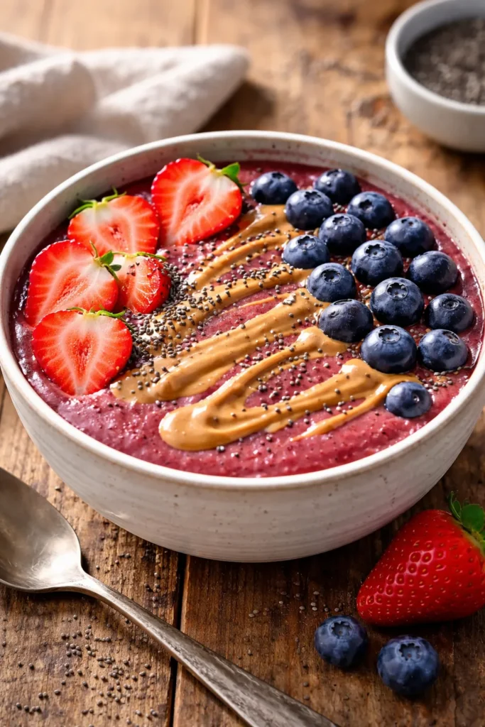 PB and J inspired smoothie bowl with strawberry base and peanut butter drizzle.