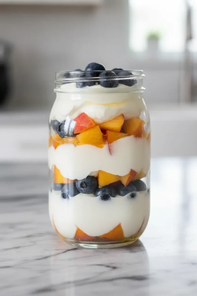 Fresh peach and blueberry yogurt parfait with honey drizzle