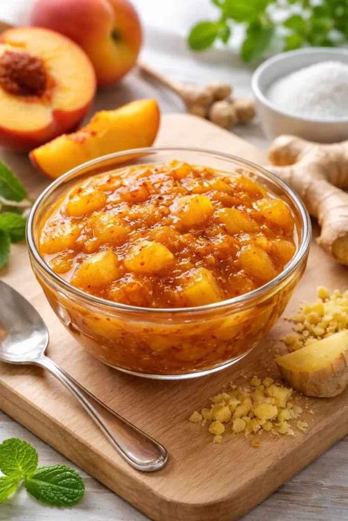 Chunky peach and ginger chutney in a glass bowl on a wooden board with bright daylight