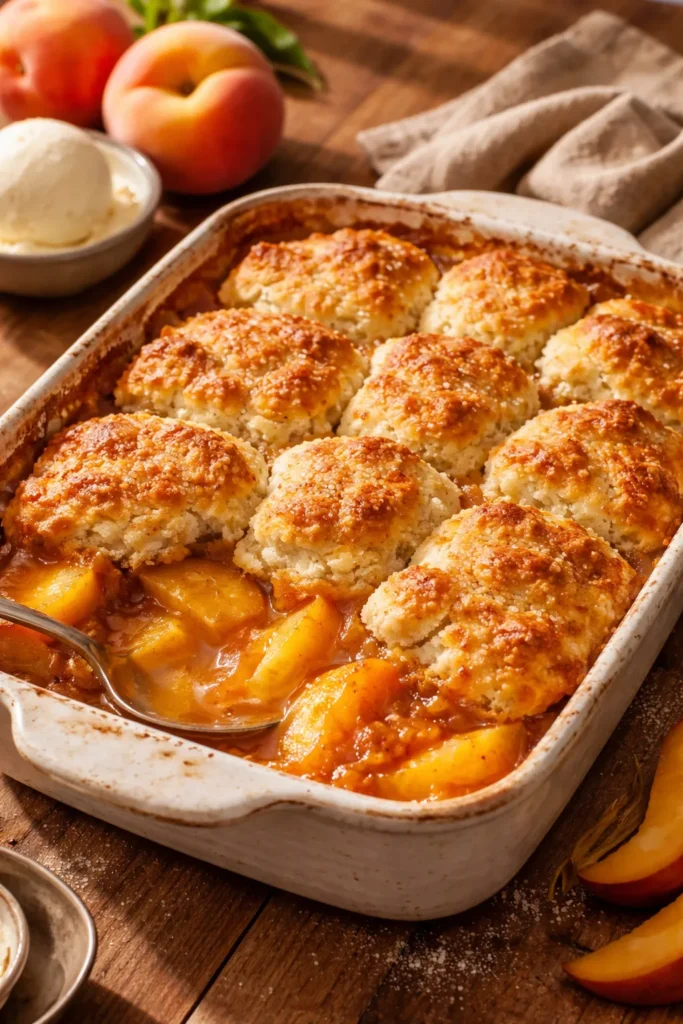 Peach cobbler with biscuit topping in a rustic dish