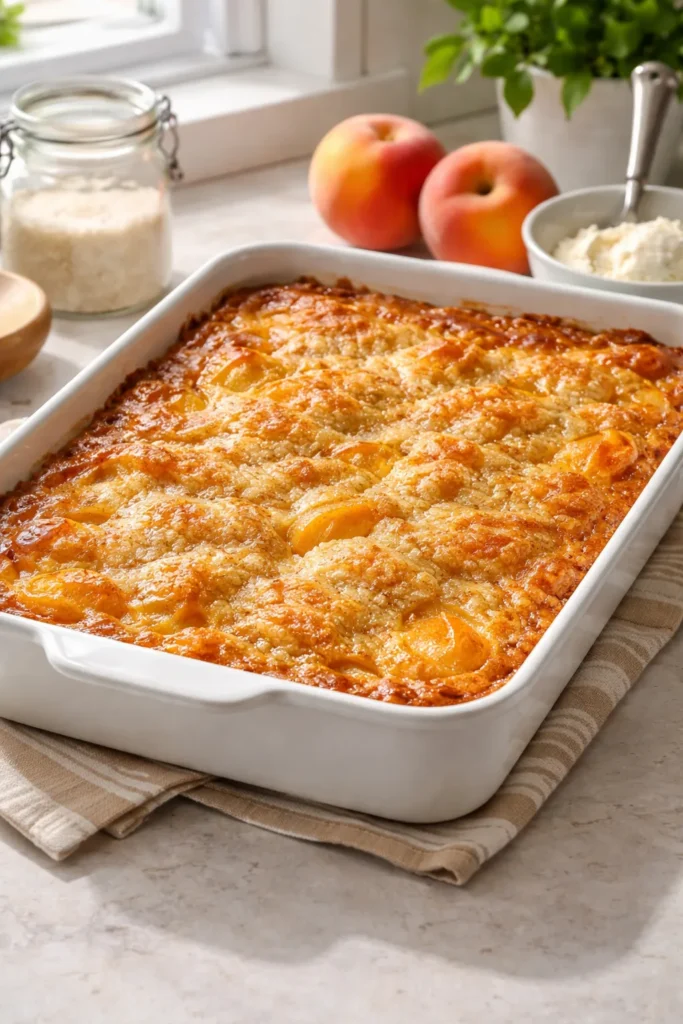 Large peach cobbler in a 9x13 dish with bubbling edges