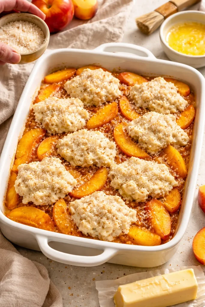 Assembled peach cobbler in a baking dish ready for baking