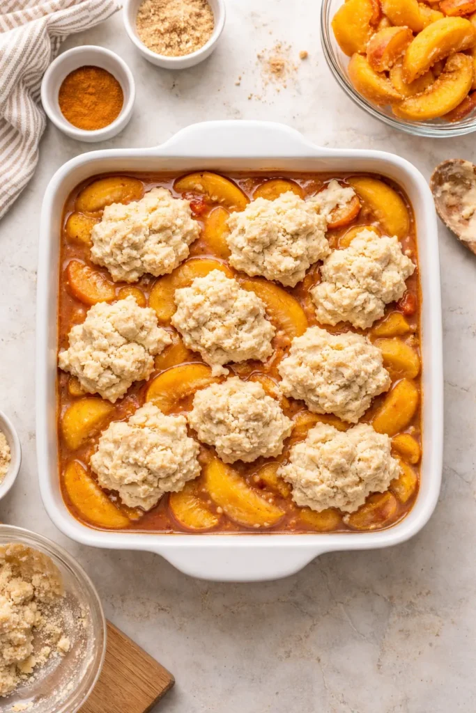 Baking dish with peach filling and topping dough ready to bake