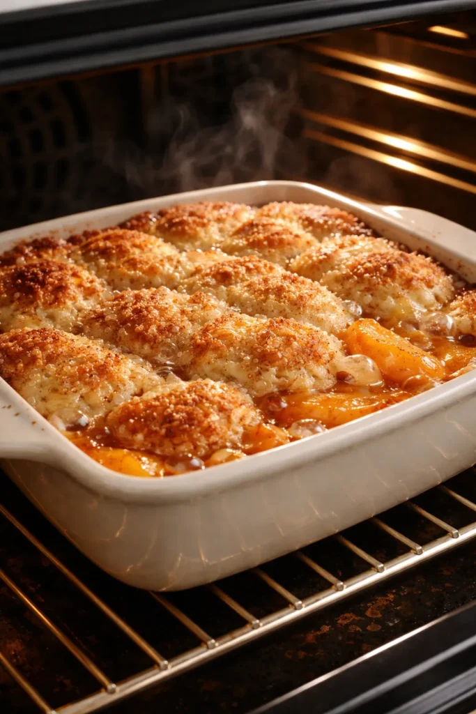 Baking dish in oven with golden, bubbly peach cobbler topping