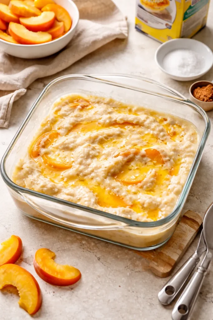 Glass 8-inch baking dish with light batter and melted butter swirl for peach cobbler