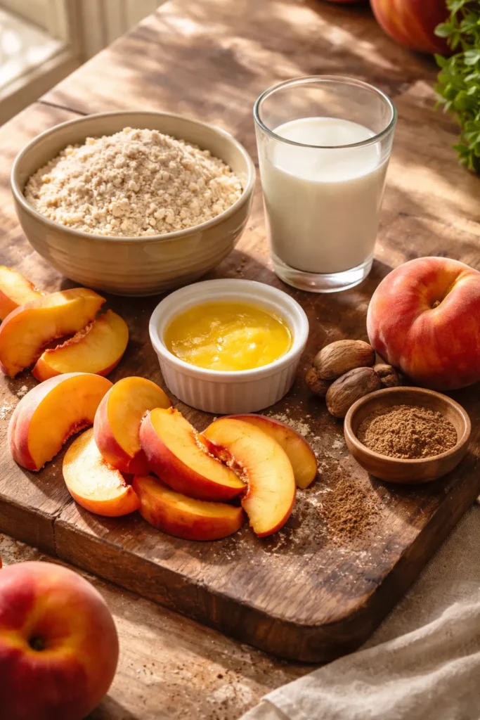 Still-life of peach cobbler ingredients including Bisquick, milk, melted butter, nutmeg, and peaches on a rustic board
