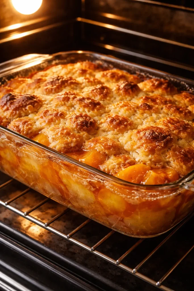 Close-up of bubbling peach cobbler with a golden crust in a glass baking dish