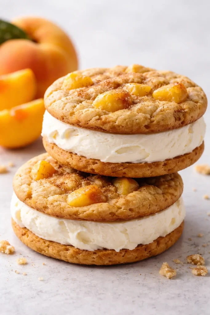 Two peach cobbler cookies with ice cream filling between them