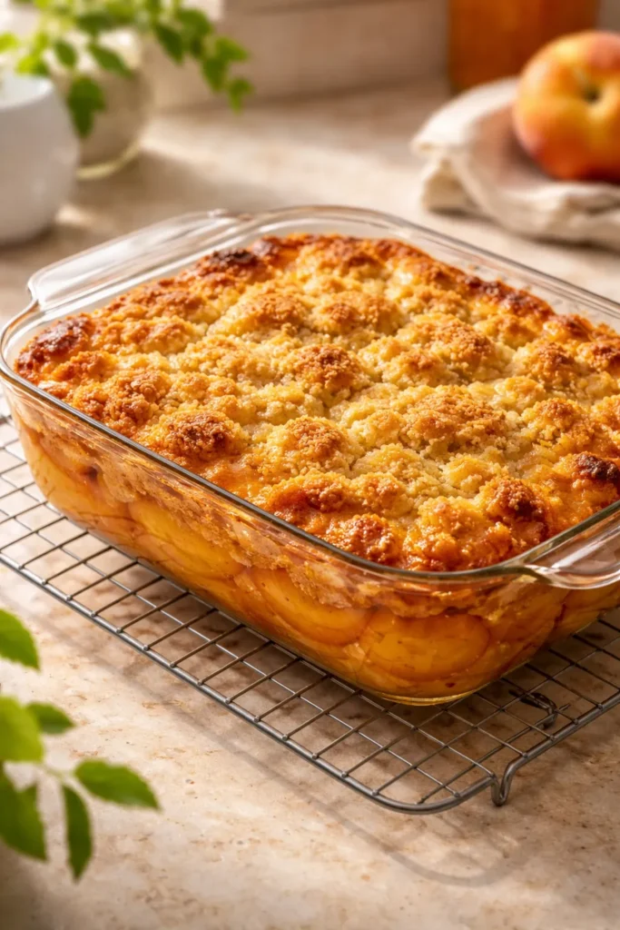 Fresh peach cobbler cooling with a golden crust and bubbling edges