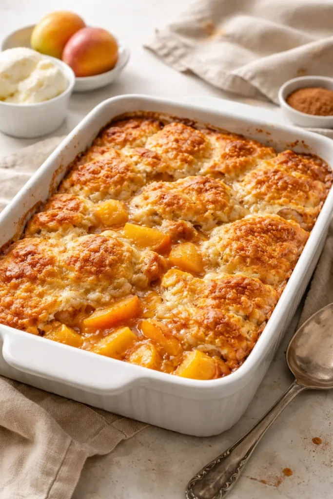 Finished peach cobbler in a baking dish with golden crust