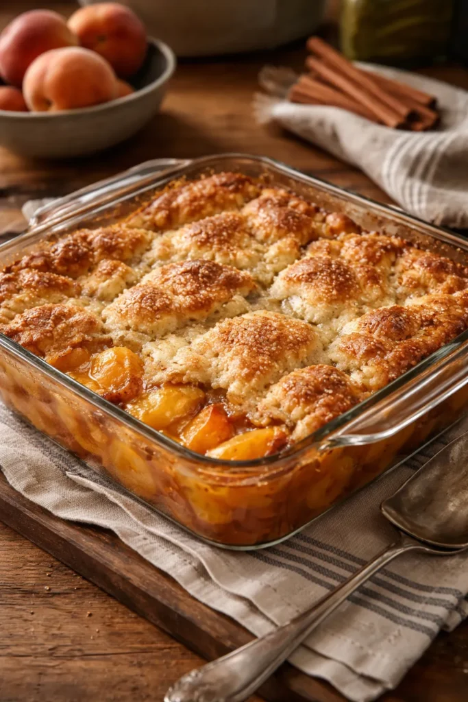 Fresh peach cobbler in a baking dish with golden crust