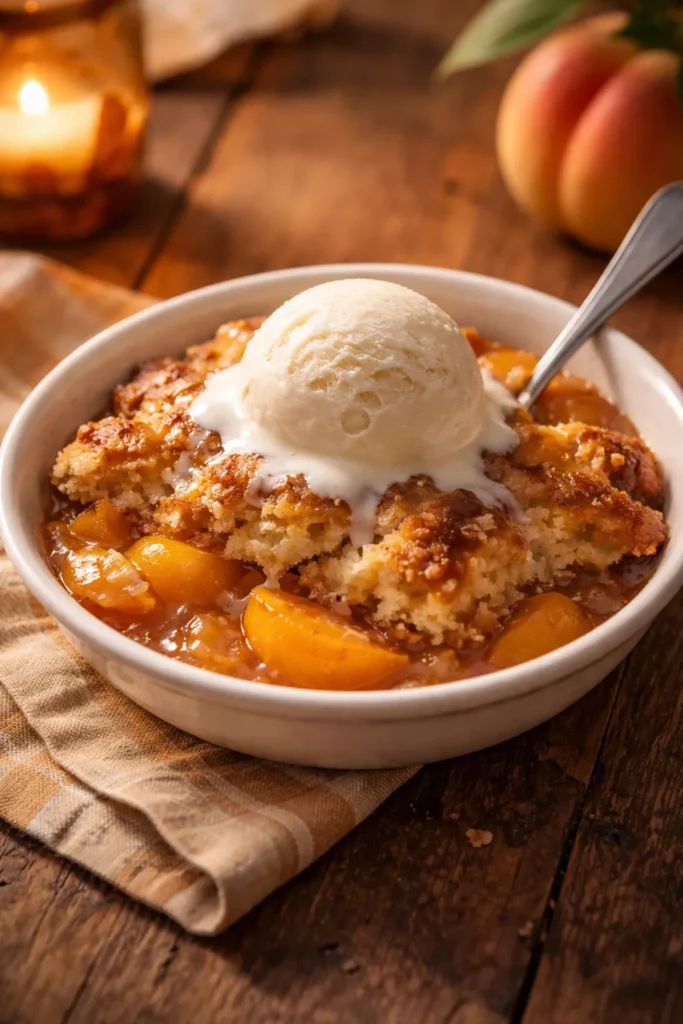 Peach cobbler with vanilla ice cream on a wooden table