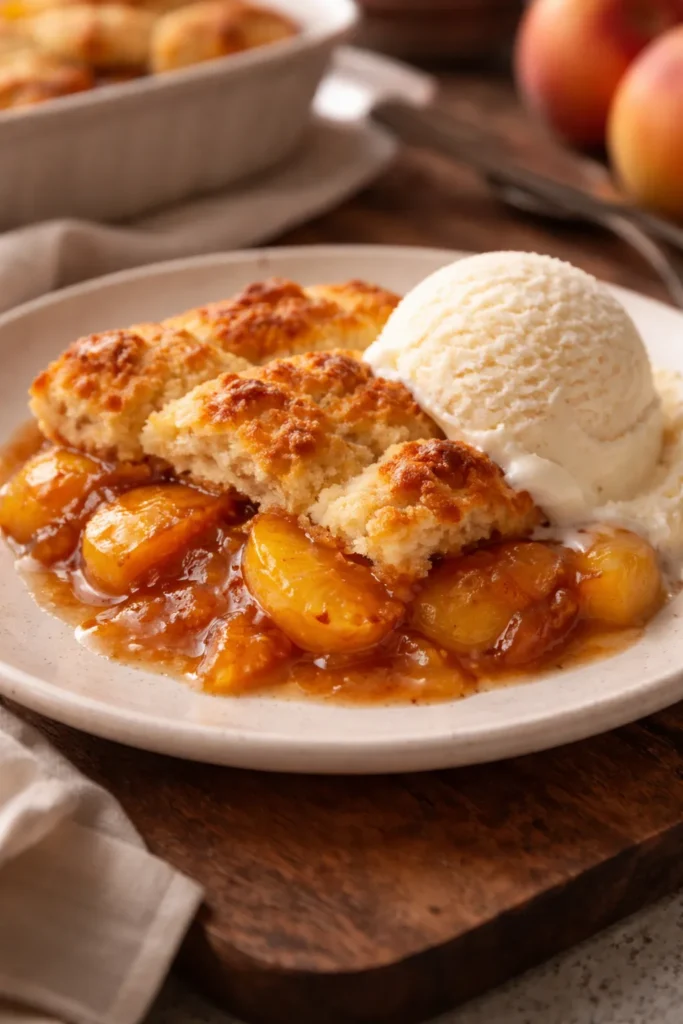 Peach cobbler plated with vanilla ice cream