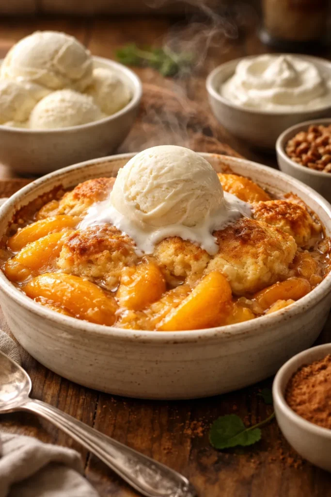 Warm peach cobbler with vanilla ice cream in a rustic dish