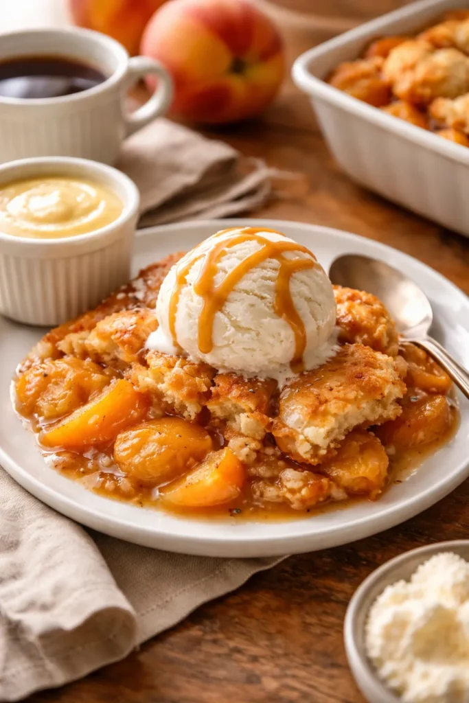 Peach cobbler with vanilla ice cream and caramel on a warm wooden table