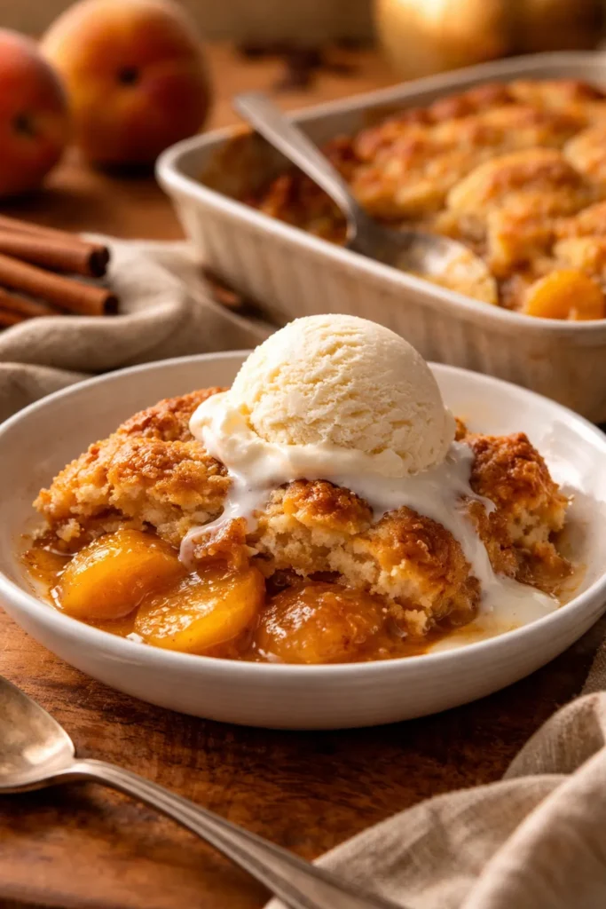 Cobbler served with vanilla ice cream in a cozy kitchen