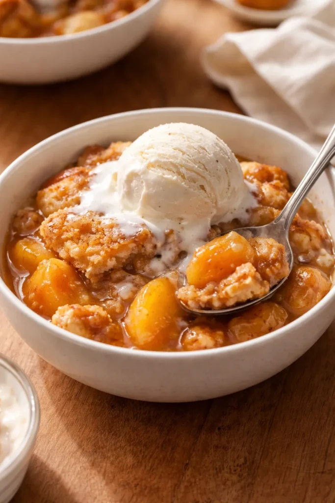 Warm peach cobbler with vanilla ice cream served in a bowl