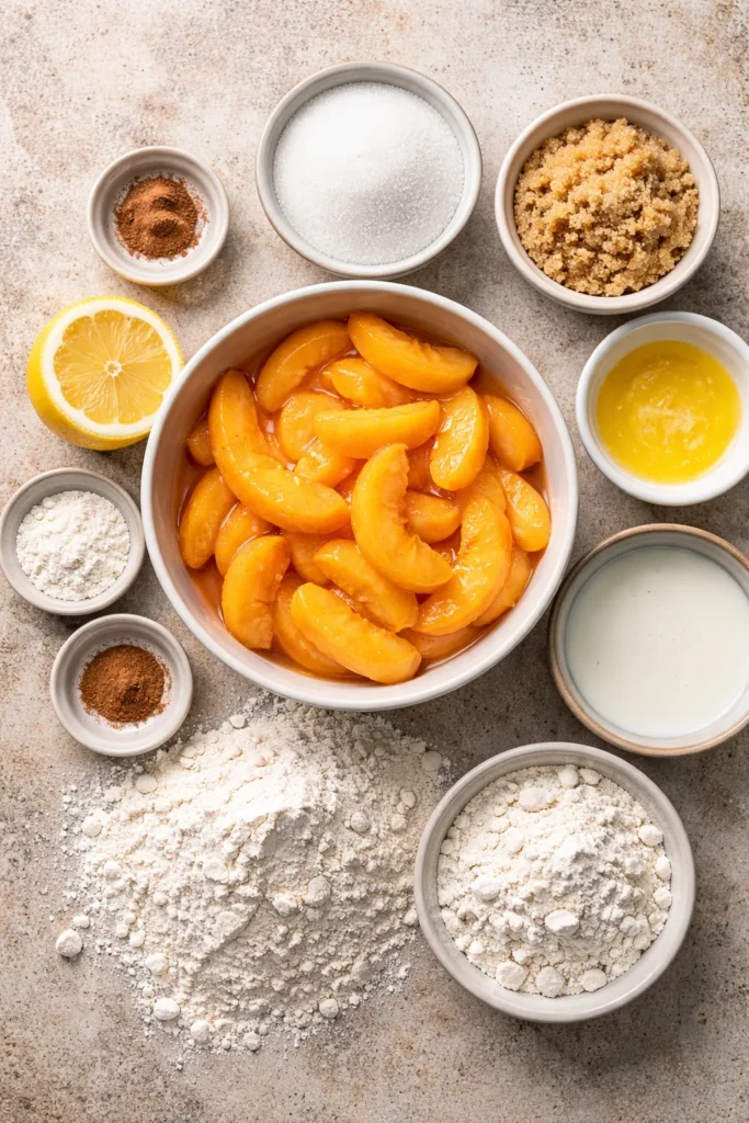 Top-down view of peach cobbler ingredients arranged for baking