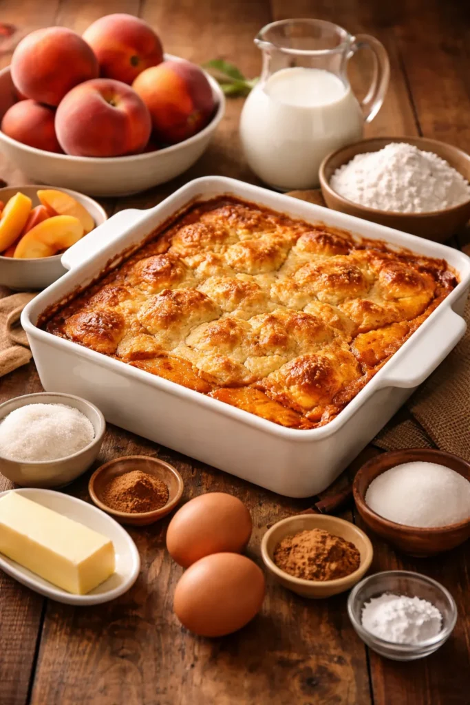 Fully baked peach cobbler in a square dish