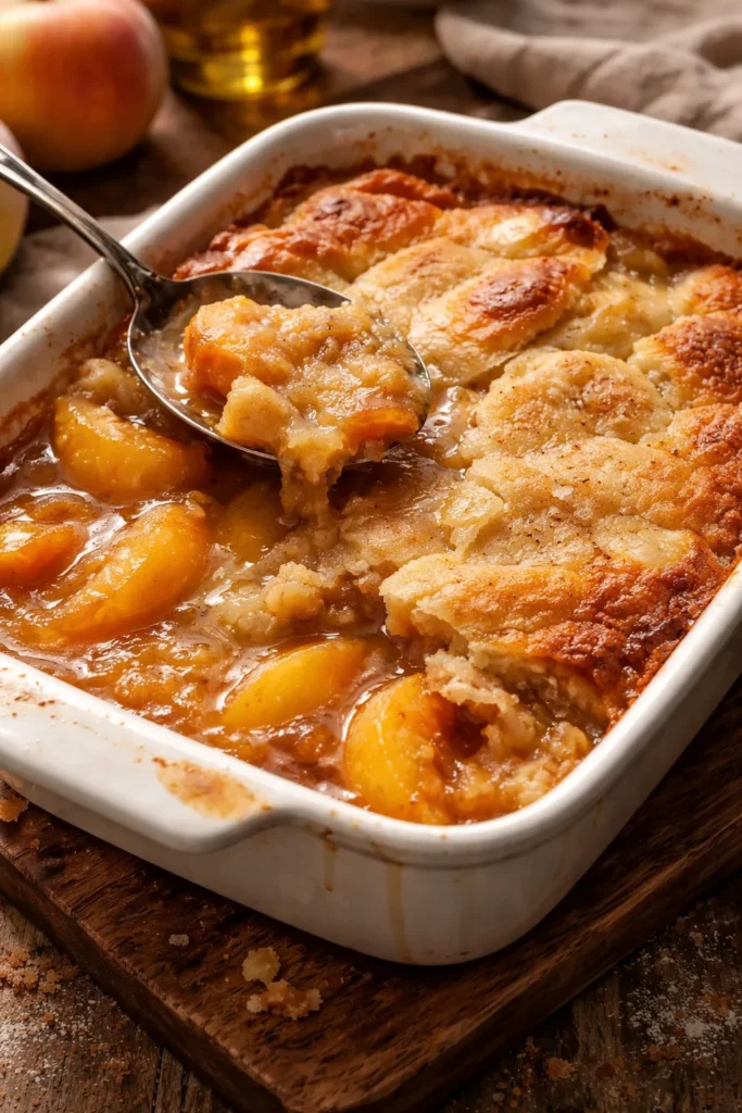 Close-up of a baking dish with soggy crust and juicy peach filling