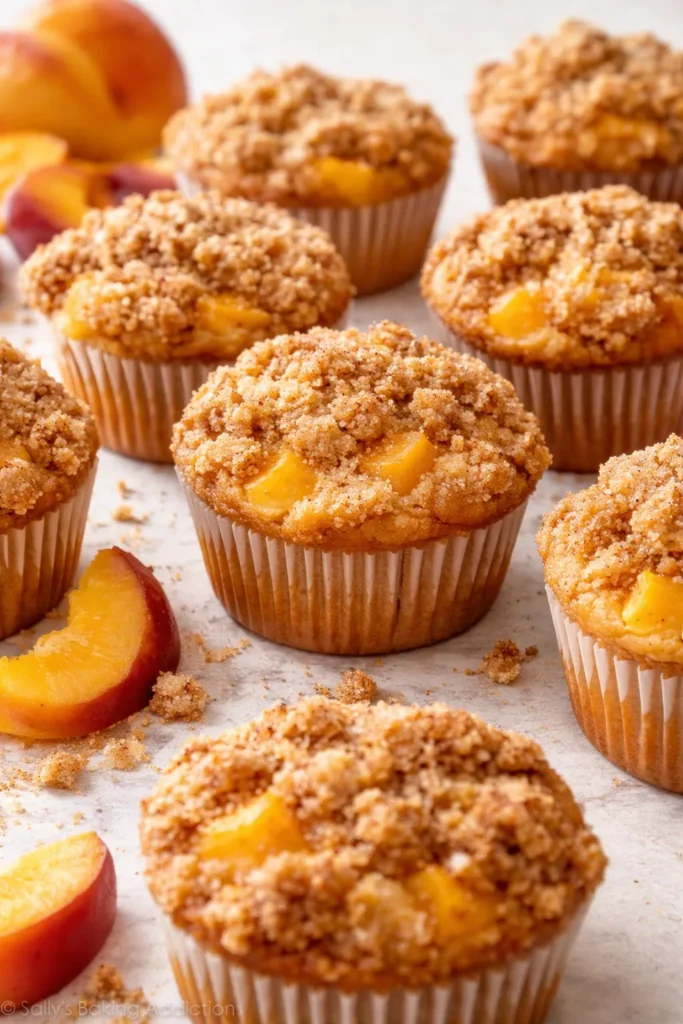 Peach cobbler muffins with crumble topping