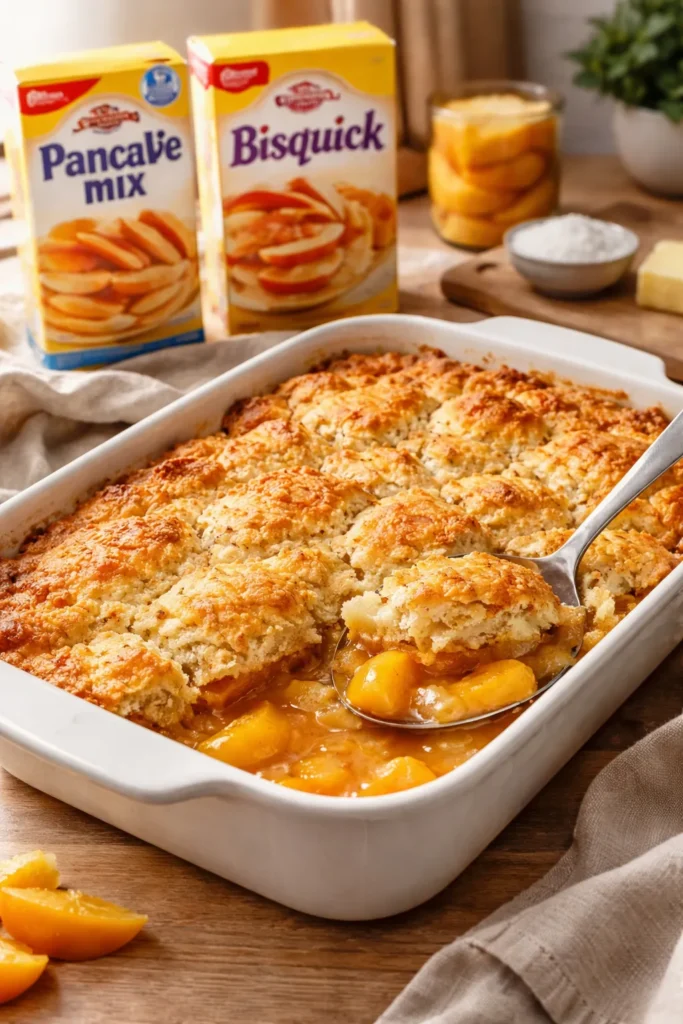Peach cobbler with golden topping in a baking dish