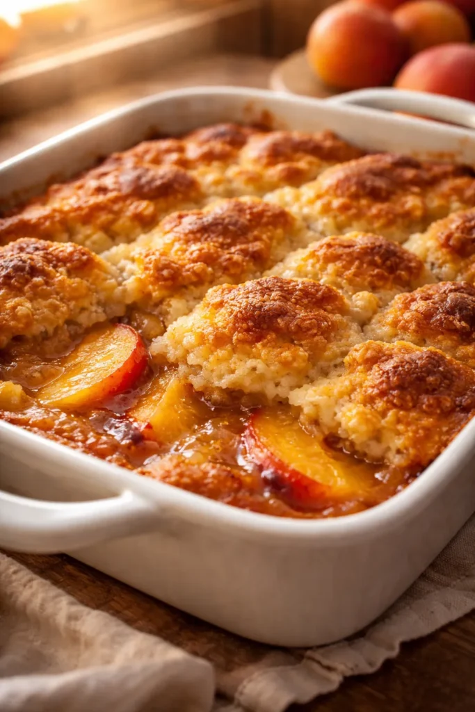 Freshly baked peach cobbler in baking dish with golden crust