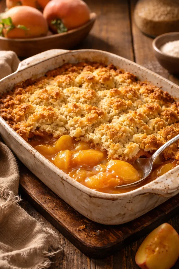 Close-up of peach cobbler in rustic dish with bubbling topping